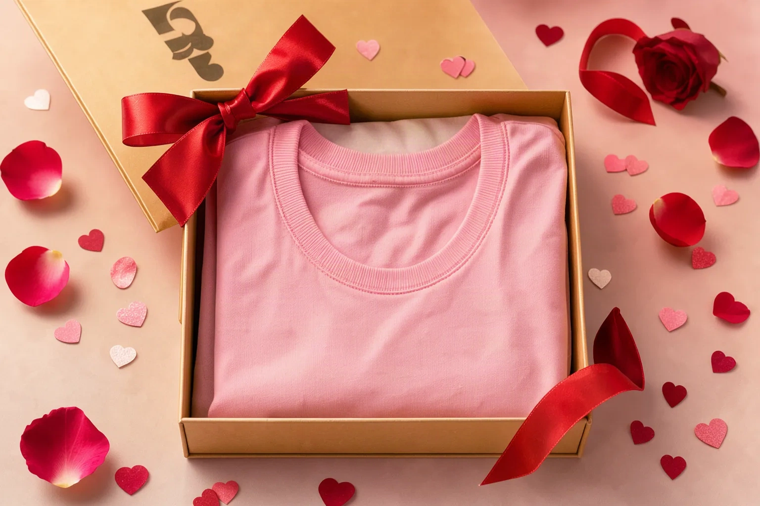 Boîte cadeau ouverte avec t-shirts roses assortis et confettis en forme de cœur