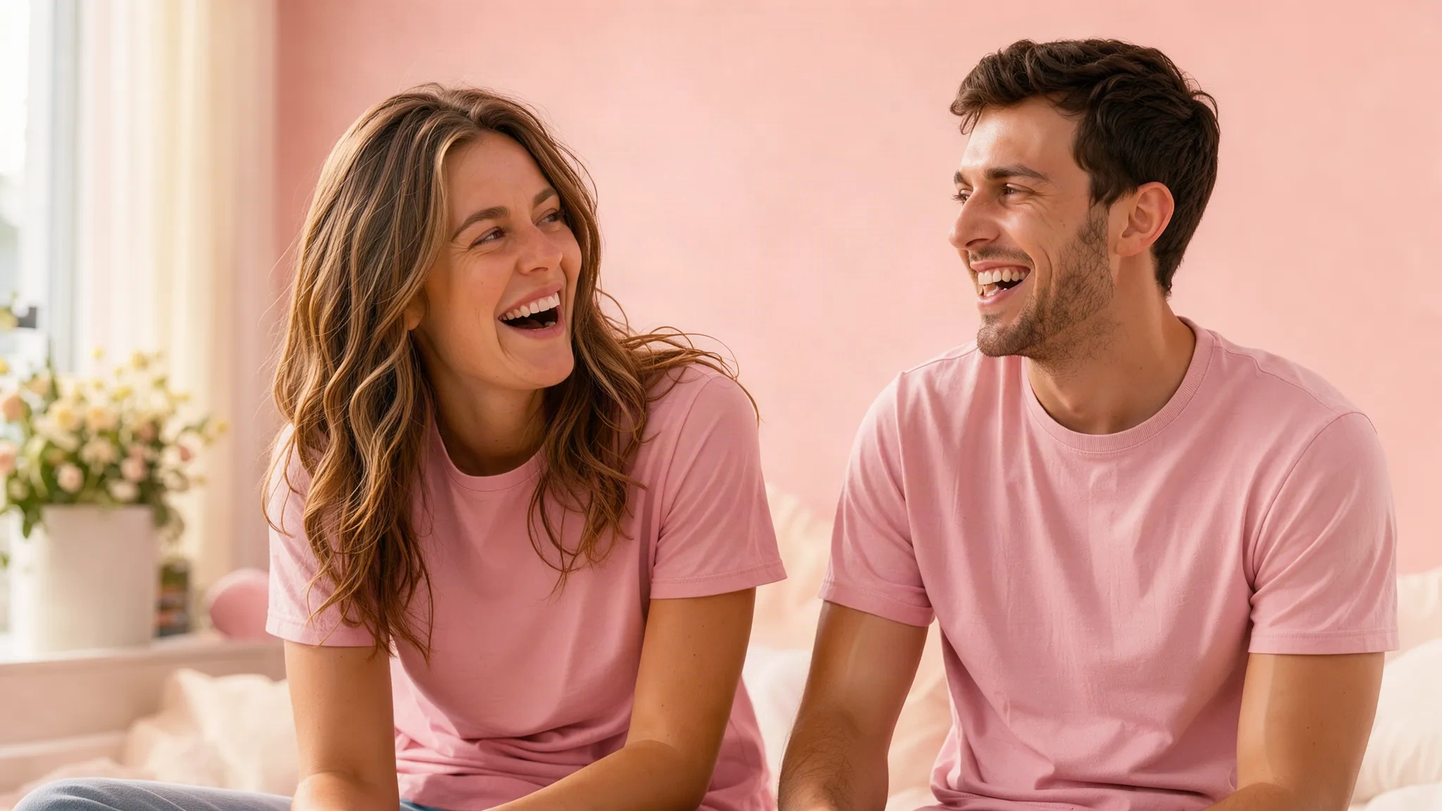 Couple heureux portant des t-shirts assortis roses